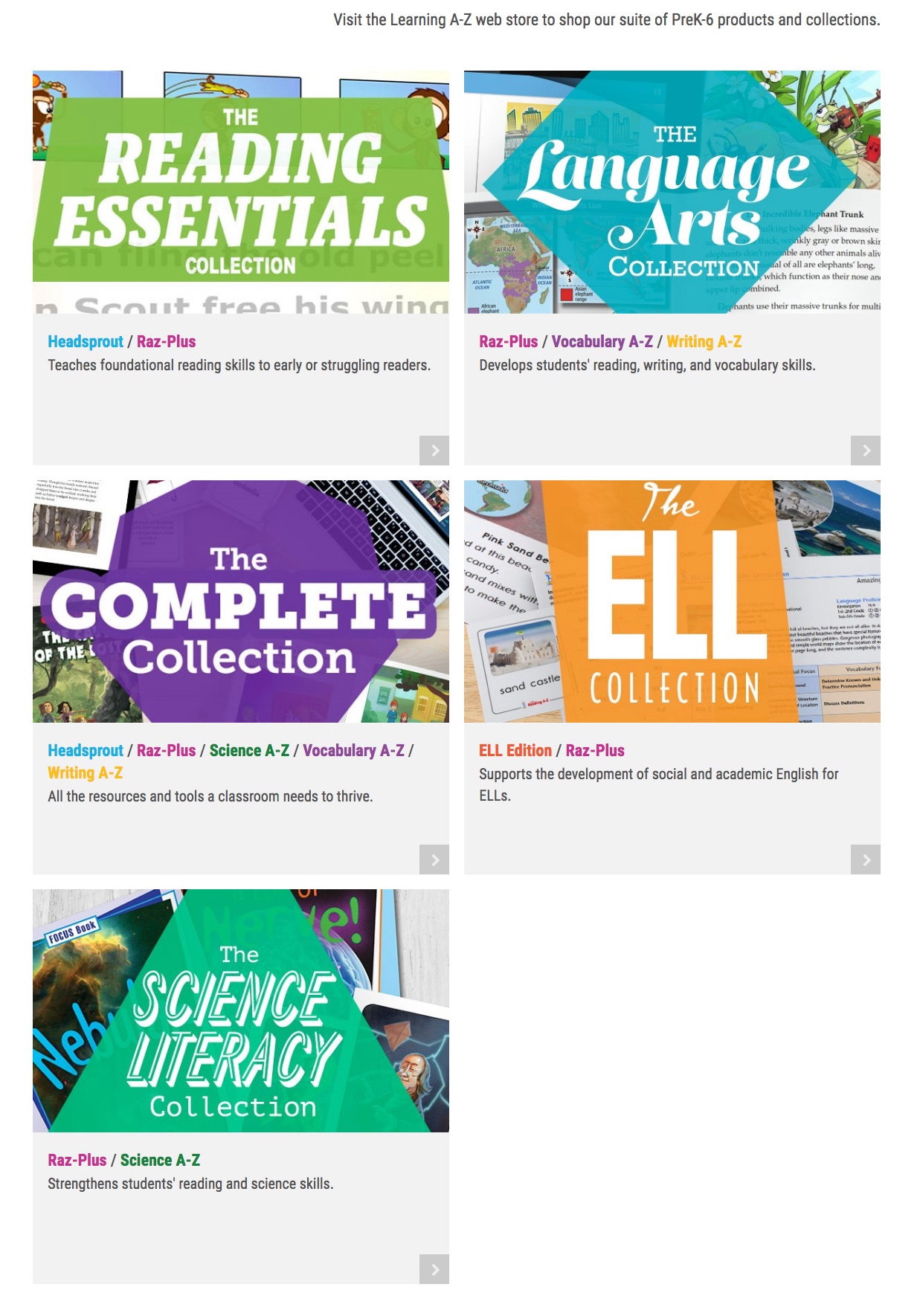 a screenshot of the Collection tiles in the Learning A-Z store